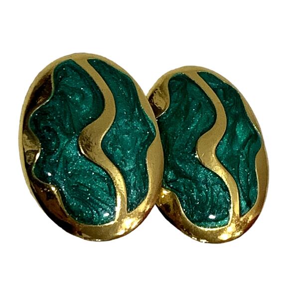 Vintage 80s Large Oval Gold & Green Enamel Swirl Clip Earrings | 1.5 x 1" - Picture 3 of 8